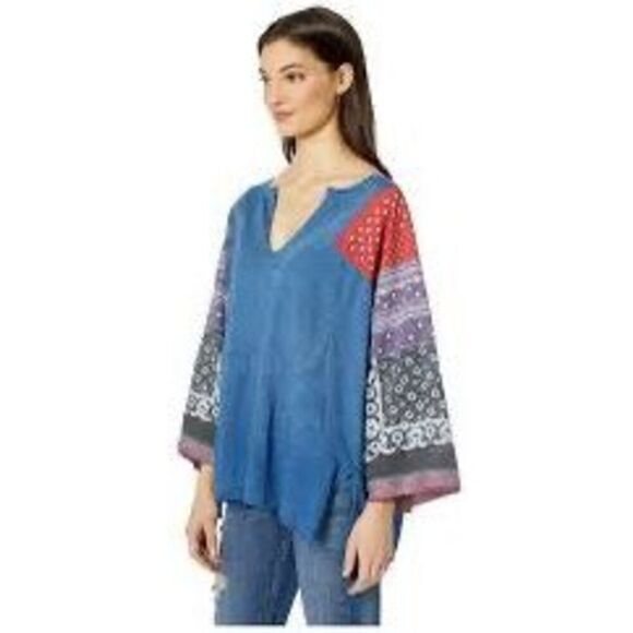 ✨FREE PEOPLE Shibuya Boho Sz Large Denim Patchwork Top✨ - Picture 3 of 12